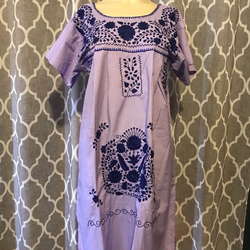Lilac Embroidered Mexican Oaxacan Dress Tunic, S